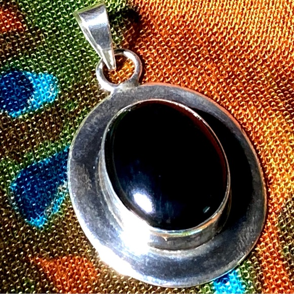 Large Onyx Pendant Stamped ATI MEXICO Vintage Mexican Silver | All Seeing Eye - Picture 3 of 16